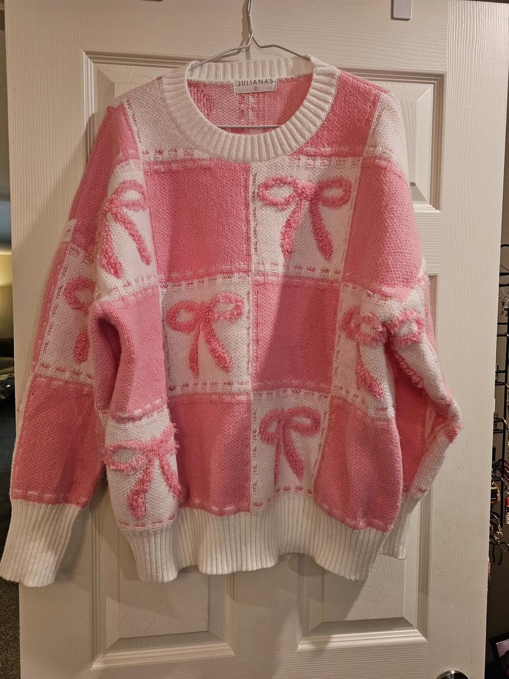 Julianas Pink & White Checker Bow Knit Crewneck Sweater